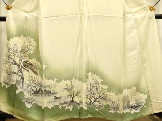 平和屋着物▽訪問着　単衣　手描き　尾長鳥鴛鴦文　暈し染め　正絹　逸品　DABE9833du