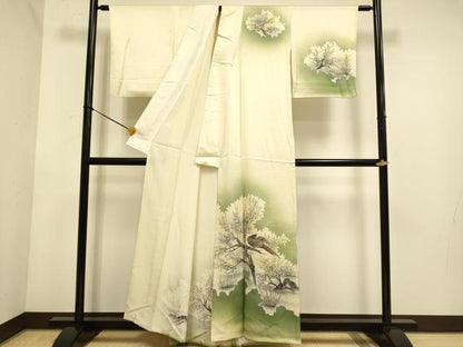 平和屋着物▽訪問着　単衣　手描き　尾長鳥鴛鴦文　暈し染め　正絹　逸品　DABE9833du
