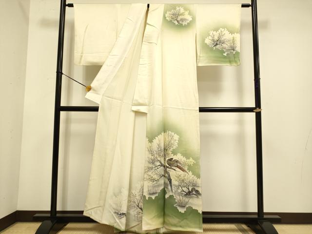 平和屋着物▽訪問着　単衣　手描き　尾長鳥鴛鴦文　暈し染め　正絹　逸品　DABE9833du