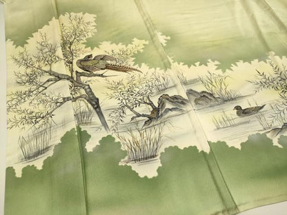 平和屋着物▽訪問着　単衣　手描き　尾長鳥鴛鴦文　暈し染め　正絹　逸品　DABE9833du