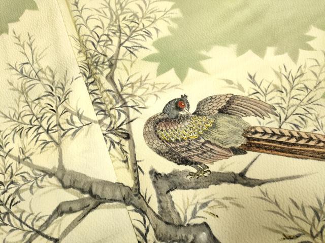 平和屋着物▽訪問着　単衣　手描き　尾長鳥鴛鴦文　暈し染め　正絹　逸品　DABE9833du