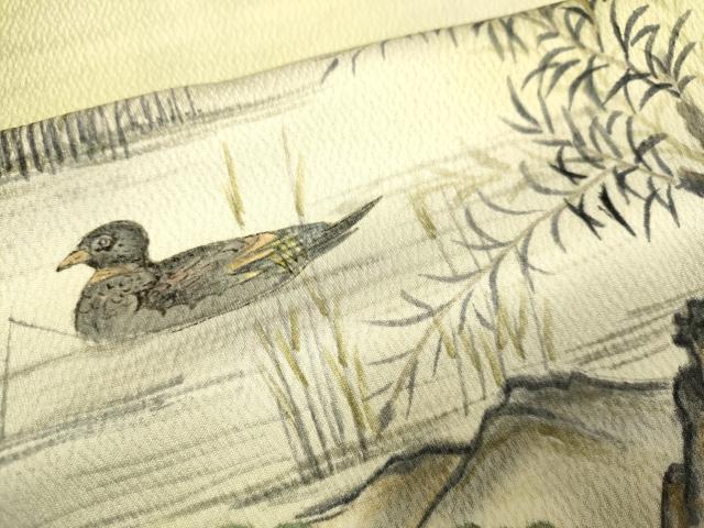 平和屋着物▽訪問着　単衣　手描き　尾長鳥鴛鴦文　暈し染め　正絹　逸品　DABE9833du