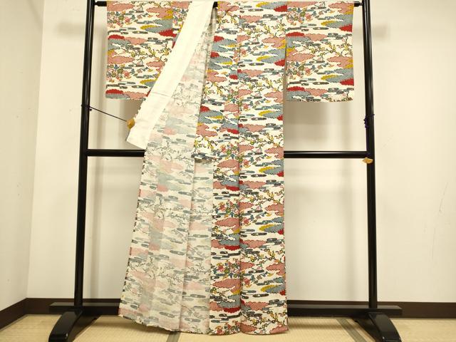 平和屋着物▽上質な小紋　単衣　型染　枝花文　正絹　逸品　DABE9839du