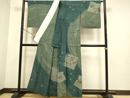 平和屋着物▽訪問着　単衣　紬地　色紙花文　金彩　正絹　逸品　DABE9847du