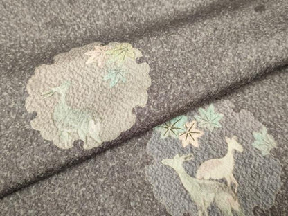 平和屋着物▽小紋　単衣　雪輪　紅葉に鹿　洗える着物　DABE9851du