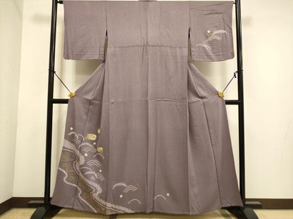 平和屋着物▽訪問着　単衣　刺繍　絞り　流水花文　金彩　正絹　逸品　DABE9854du