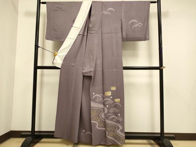 平和屋着物▽訪問着　単衣　刺繍　絞り　流水花文　金彩　正絹　逸品　DABE9854du
