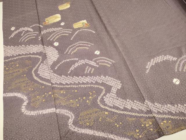 平和屋着物▽訪問着　単衣　刺繍　絞り　流水花文　金彩　正絹　逸品　DABE9854du