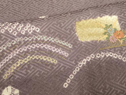 平和屋着物▽訪問着　単衣　刺繍　絞り　流水花文　金彩　正絹　逸品　DABE9854du