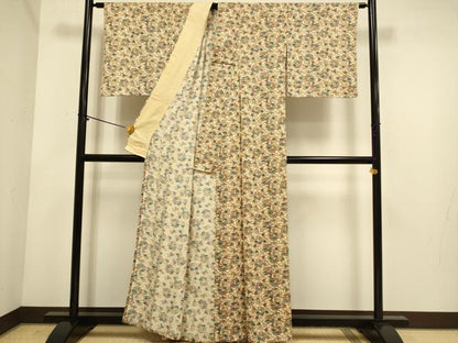 平和屋着物▽上質な小紋　単衣　型染　草花文　正絹　逸品　DABE9858du