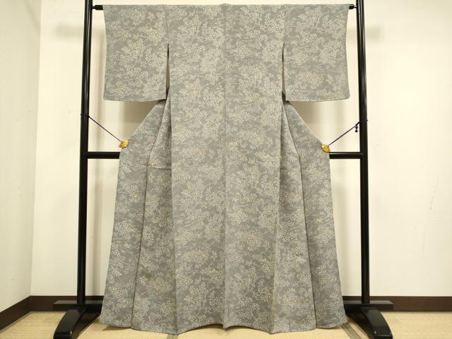 平和屋着物▽上質な小紋　単衣　型染　宝尽くし花鳥文　鬼しぼ縮緬　正絹　逸品　DABE9861du