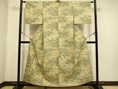 平和屋着物▽上質な紬　単衣　草葉文　正絹　逸品　DABE9862du