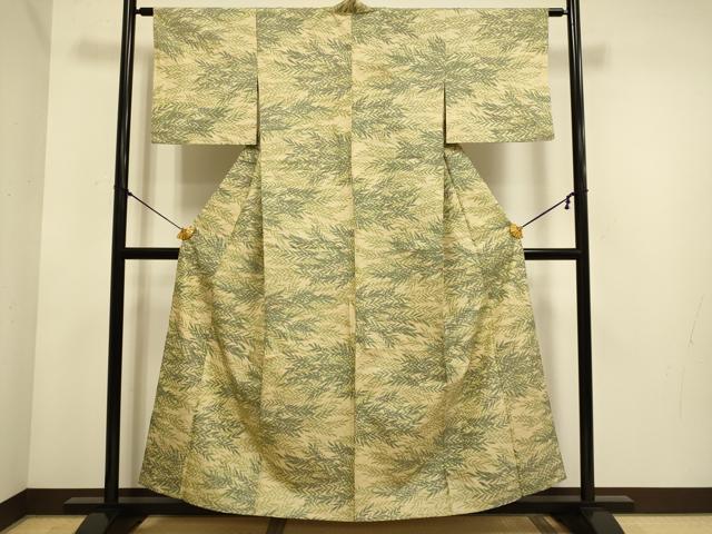平和屋着物▽上質な紬　単衣　草葉文　正絹　逸品　DABE9862du