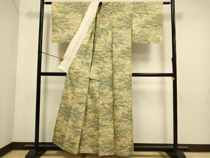 平和屋着物▽上質な紬　単衣　草葉文　正絹　逸品　DABE9862du