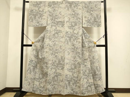 平和屋着物▽上質な小紋　単衣　人物風景文　金彩　鬼しぼ縮緬　正絹　逸品　未使用　DABE9864du
