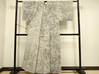 平和屋着物▽上質な小紋　単衣　人物風景文　金彩　鬼しぼ縮緬　正絹　逸品　未使用　DABE9864du