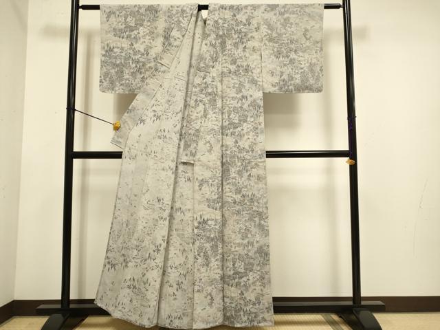 平和屋着物▽上質な小紋　単衣　人物風景文　金彩　鬼しぼ縮緬　正絹　逸品　未使用　DABE9864du