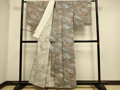 平和屋着物▽上質な小紋　単衣　紬地　京友禅　御所車吉祥風景文　反端付き　正絹　逸品　DABE9871du