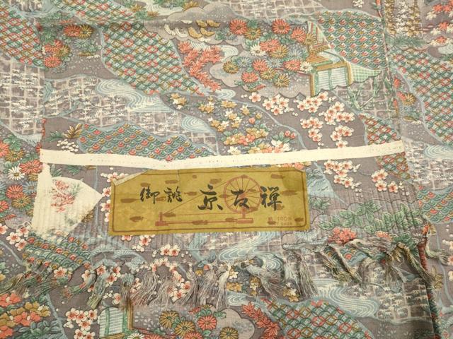 平和屋着物▽上質な小紋　単衣　紬地　京友禅　御所車吉祥風景文　反端付き　正絹　逸品　DABE9871du