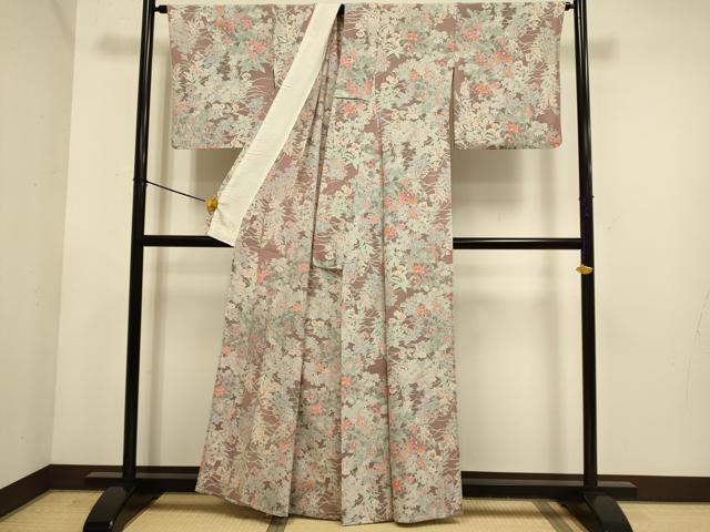 平和屋着物▽上質な小紋　単衣　草花文　正絹　逸品　DABE9874du