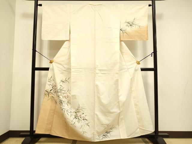平和屋着物▽訪問着　単衣　紬地　手描き　草花文　正絹　逸品　DABE9883du