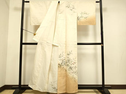平和屋着物▽訪問着　単衣　紬地　手描き　草花文　正絹　逸品　DABE9883du