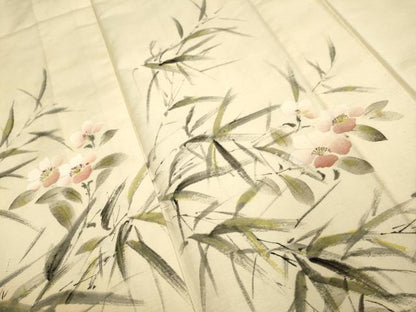 平和屋着物▽訪問着　単衣　紬地　手描き　草花文　正絹　逸品　DABE9883du
