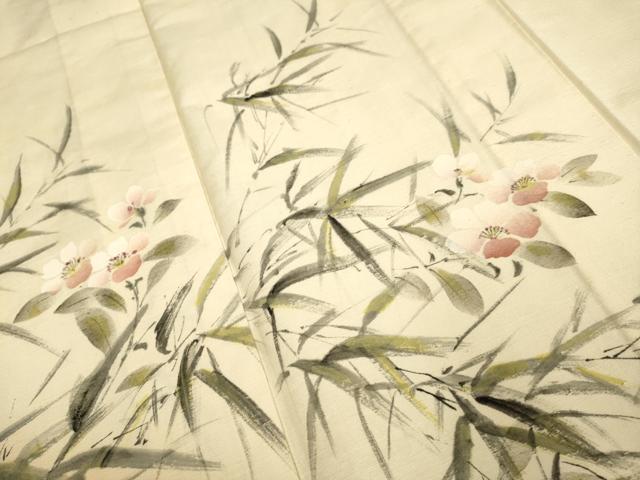 平和屋着物▽訪問着　単衣　紬地　手描き　草花文　正絹　逸品　DABE9883du