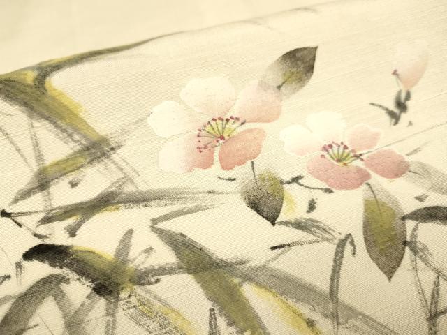 平和屋着物▽訪問着　単衣　紬地　手描き　草花文　正絹　逸品　DABE9883du
