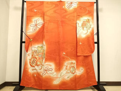 平和屋着物▽豪華振袖　単衣　駒刺繍　総刺繍　御所車花文　暈し染め　金銀糸　正絹　逸品　DABE9885du