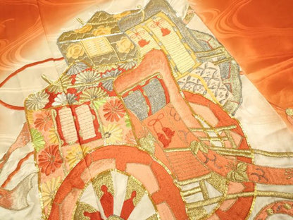 平和屋着物▽豪華振袖　単衣　駒刺繍　総刺繍　御所車花文　暈し染め　金銀糸　正絹　逸品　DABE9885du