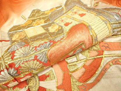平和屋着物▽豪華振袖　単衣　駒刺繍　総刺繍　御所車花文　暈し染め　金銀糸　正絹　逸品　DABE9885du