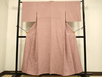 平和屋着物▽上質な色無地　単衣　風景花地紋　蘇芳香色　正絹　逸品　DABE9893du