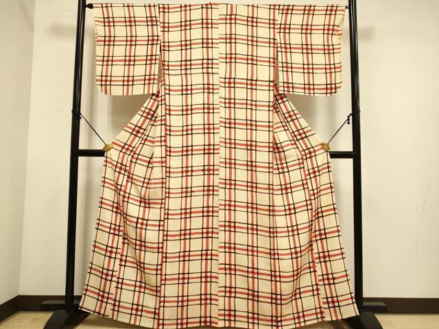 平和屋着物▽上質な小紋　単衣　ろうけつ染め　格子柄　正絹　逸品　未使用　DABE9896du