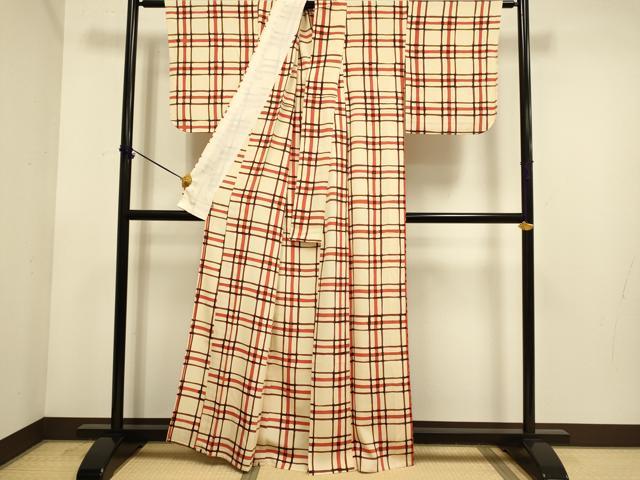 平和屋着物▽上質な小紋　単衣　ろうけつ染め　格子柄　正絹　逸品　未使用　DABE9896du