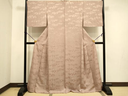 平和屋着物▽上質な色無地　単衣　雲取桐地紋　濃い水柿色　京都きもの友禅扱い　正絹　逸品　DABE9898du