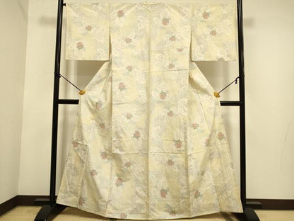 平和屋着物▽上質な紬　単衣　草花文　正絹　逸品　DABE9901du