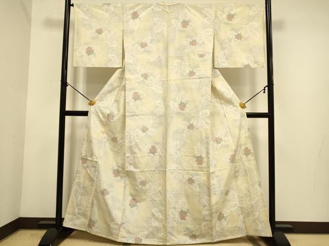 平和屋着物▽上質な紬　単衣　草花文　正絹　逸品　DABE9901du