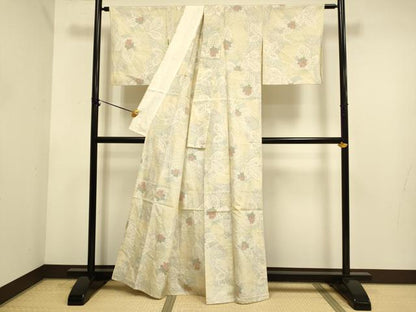 平和屋着物▽上質な紬　単衣　草花文　正絹　逸品　DABE9901du
