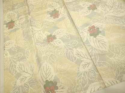 平和屋着物▽上質な紬　単衣　草花文　正絹　逸品　DABE9901du