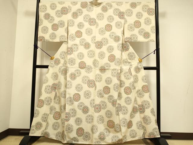 平和屋着物▽上質な紬　単衣　花絵皿文　正絹　逸品　DABE9903du
