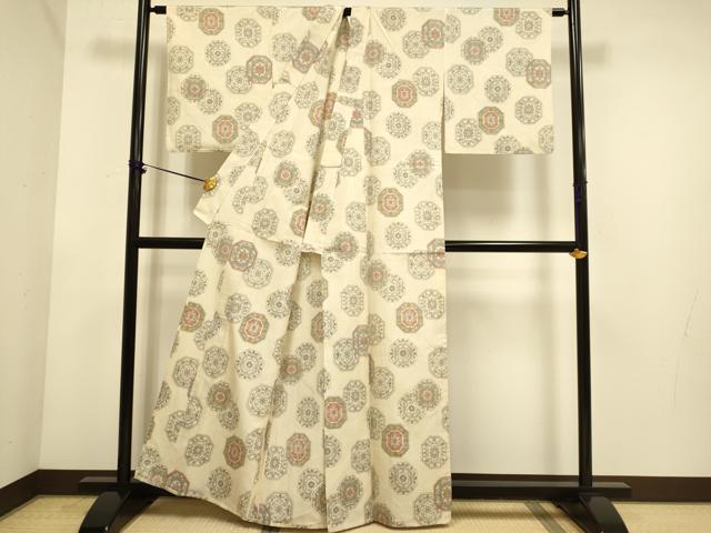 平和屋着物▽上質な紬　単衣　花絵皿文　正絹　逸品　DABE9903du