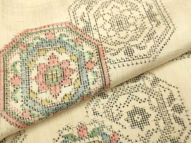 平和屋着物▽上質な紬　単衣　花絵皿文　正絹　逸品　DABE9903du