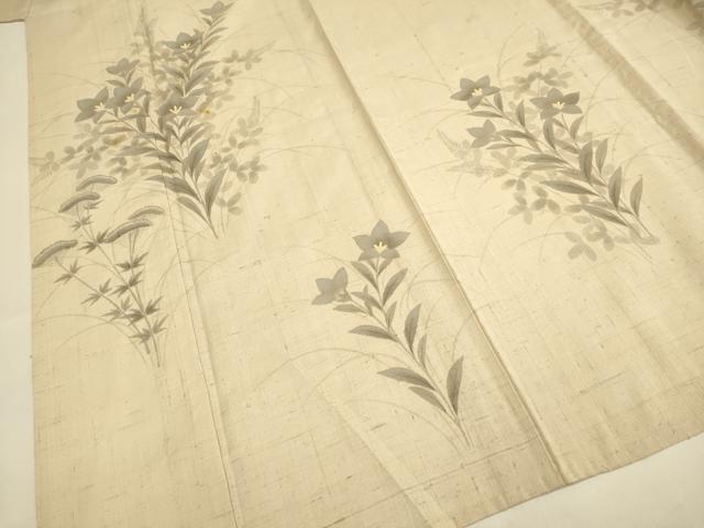 平和屋着物▽訪問着　単衣　生紬　草花文　反端付き　正絹　逸品　DABE9904du