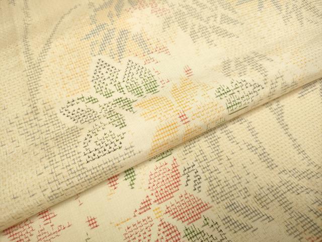平和屋着物▽上質な紬　単衣　草花文　正絹　逸品　DABE9907du