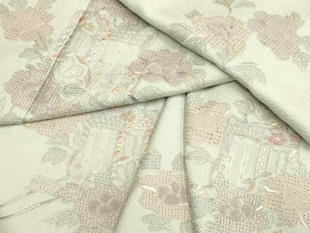 平和屋着物▼中国三大刺繍 スワトウ刺繍 汕頭刺繍 相良刺繍 総刺繍 訪問着 御所車花文 正絹 逸品 DABE9921du
