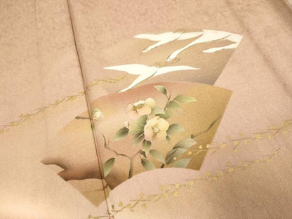平和屋着物▽訪問着　単衣　地紙飛鶴花文　暈し染め　金彩　正絹　逸品　DABE9964du