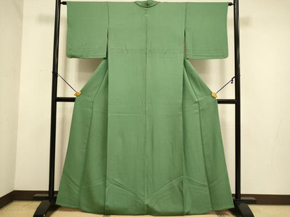 平和屋着物▽上質な色無地　単衣　濃い柳染色　正絹　逸品　DABE9966du