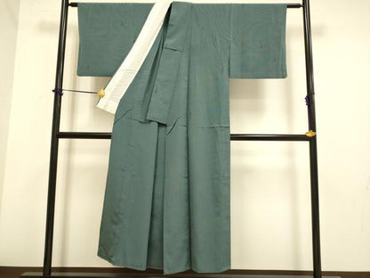平和屋着物▽上質なお召　単衣　色無地　タツノオトシゴ地紋　錆鼠色　正絹　逸品　DABE9967du
