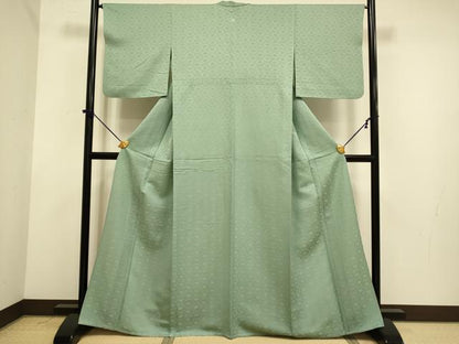 平和屋着物▽上質な色無地　単衣　七宝花地紋　青白橡色　正絹　逸品　DABE9971du